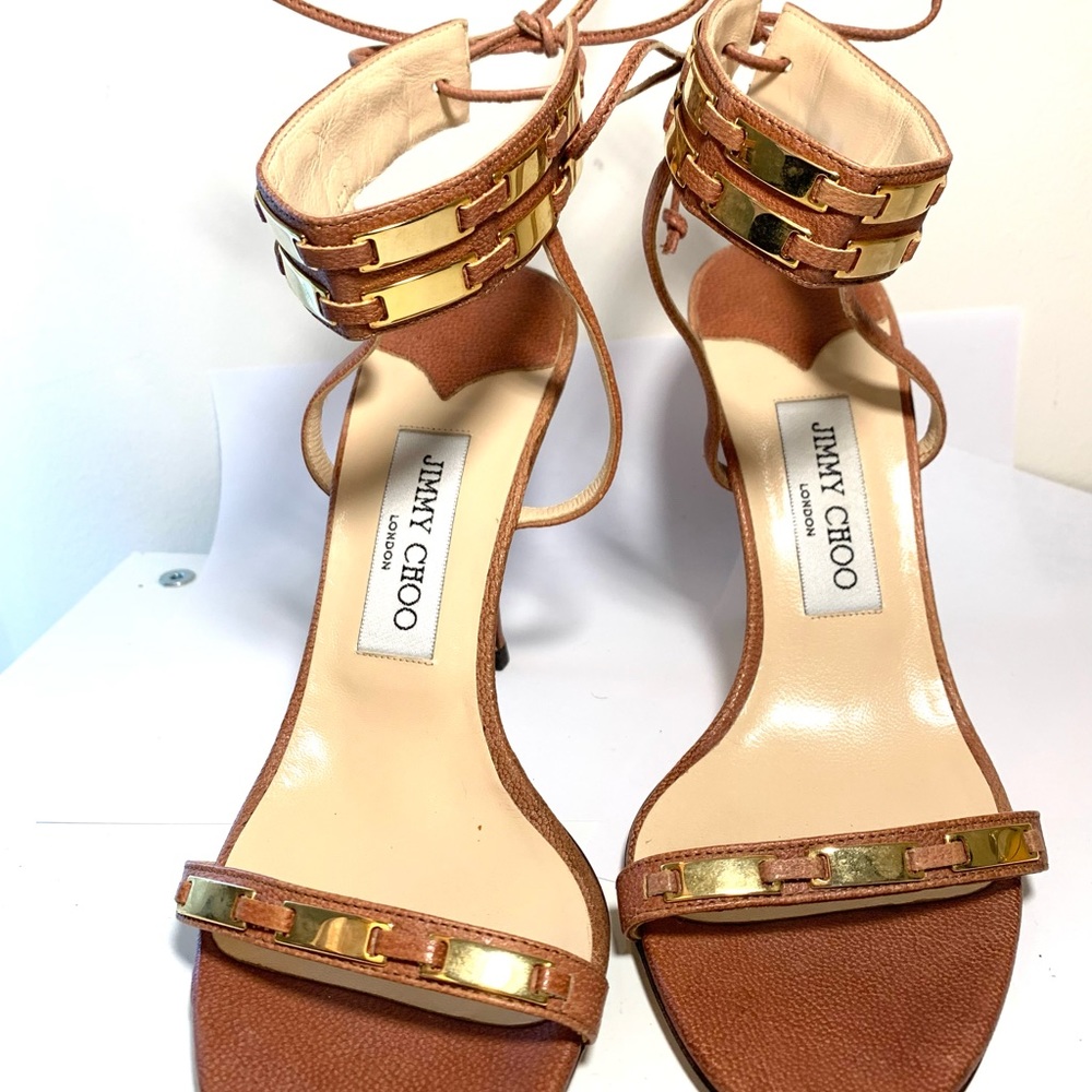Jimmy Choo Brown Leather Gold Strappy Ankle Tie Sandal Heel Size 38 1/2 - Picture 2 of 9